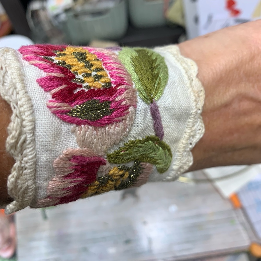 Upcycled linen and embroidered wrist cuff